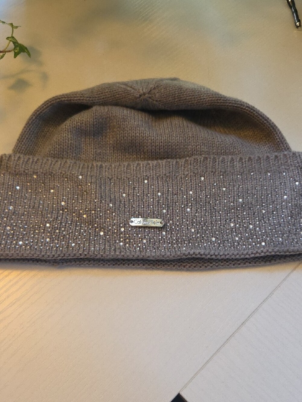 Calvin Klein Crystal-Embelished Gray Knit Beanie